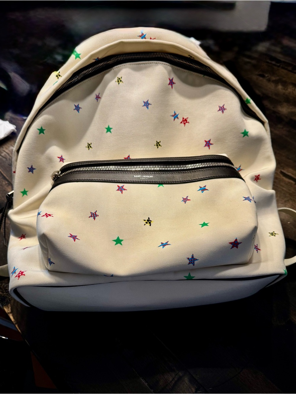 YSL ** Cream Canvas and Leather Backpack with Multicolor Star Motif - Picture 1 of 16